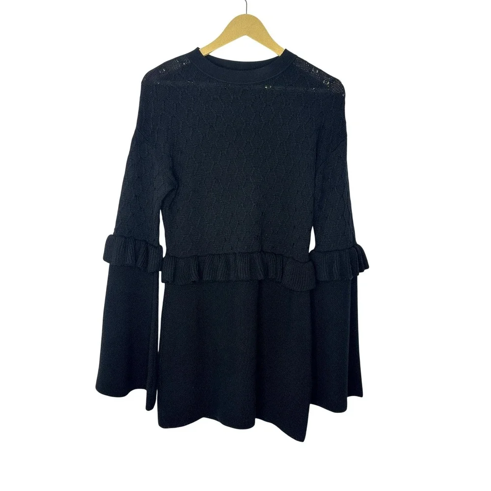 Mother of Pearl Sweater Womens Medium Black Ruffle Bell Sleeve Knit Wool Blend